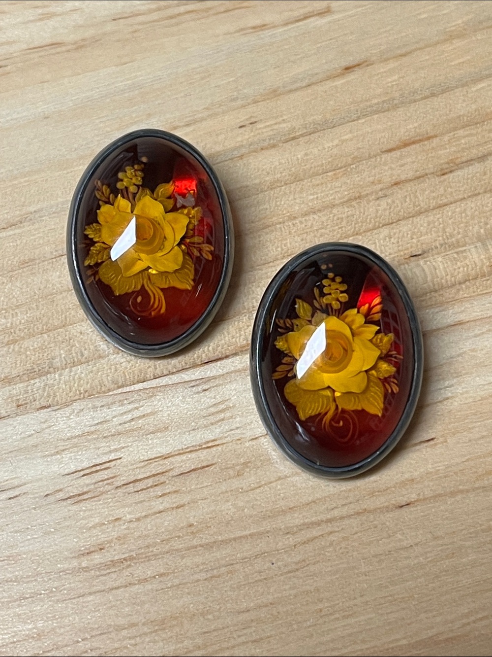 Amber Color Resin Oval Earrings with Yellow Floral Motif -marked 925